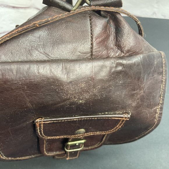 Genuine Leather Backpack Purse Pockets Adjustable Drawstring Buckle Brown Soft - Picture 11 of 14